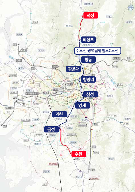 경기도 수원과 양주를 잇는 광역급행철도(GTX) C노선 노선도(제공=국토교통부)