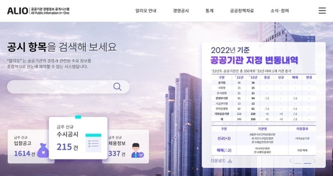 통합공시 시스템 알리오 누리집.