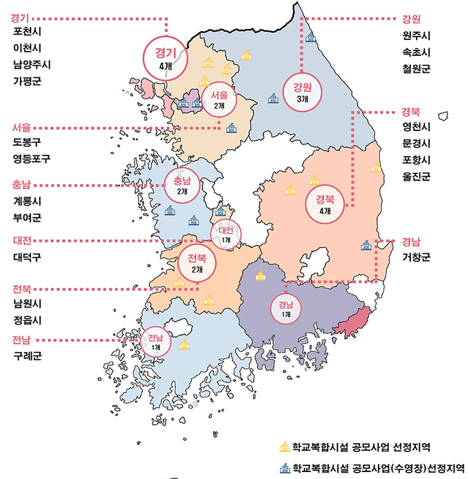 2024년 학교복합시설 2차 공모사업 선정 결과 지역 분포