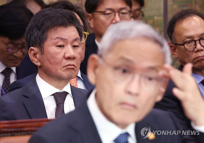 【국감 출석한 정몽규 대한축구협회장】 24일 국회에서 열린 문화체육관광위원회의 종합 국정감사에 출석한 정몽규 대한축구협회장이 자리에 앉아 있다. 앞은 유인촌 문체부 장관. 2024.11.5./연합뉴스