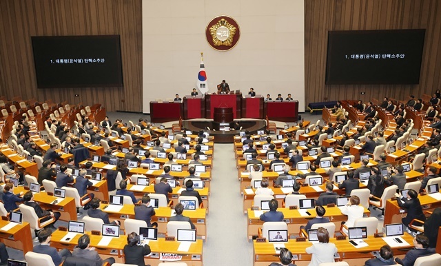 우원식 국회의장이 14일 오후 국회 본회의에서 윤석열 대통령 탄핵소추안을 가결하고 있다. 2024.12.14. / 연합뉴스
