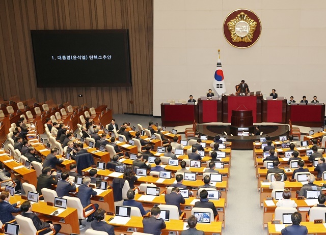 우원식 국회의장이 14일 오후 국회 본회의에서 윤석열 대통령 탄핵소추안을 가결하고 있다. 2024.12.14. / 연합뉴스