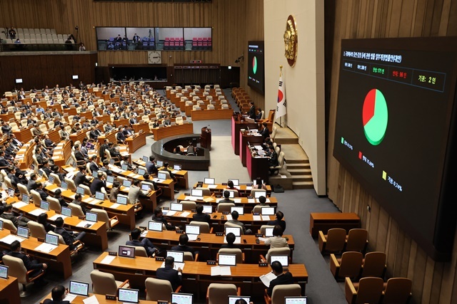 11월 28일 오후 국회 본회의에서 국회에서의 증언·감정 등에 관한 법률 일부개정법률안이 통과되고 있다. 2024.12.17. / 연합뉴스