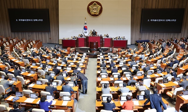 우원식 국회의장이 27일 오후 서울 여의도 국회 본회의에서 한덕수 대통령 권한대행 국무총리 탄핵소추안을 상정하고 있다. 2024.12.27. / 연합뉴스