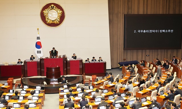 우원식 국회의장이 27일 오후 국회 본회의에서 한덕수 대통령 권한대행 국무총리 탄핵소추안을 상정하고 있다. 2024.12.12.29. / 연합뉴스