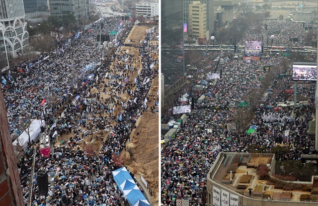 삼일절인 1일 서울 곳곳에서 윤석열 대통령 탄핵 찬반 집회가 열리고 있다. 왼쪽은 안국동 야 5당 공동 파면 촉구 범국민대회. 오른쪽은 세종대로 대한민국바로세우기국민운동본부 탄핵 반대 집회. 2025.3.1. / 연합뉴스