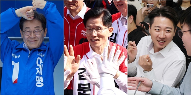 14일 더불어민주당 이재명 대선 후보(사진 왼쪽부터)가 부산진구 서면에서, 국민의힘 김문수 대선 후보가 경남 진주시 진주광미사거리에서, 개혁신당 이준석 대선 후보가 부산 금정구 부산대학교에서 시민들과 소통하고 있다.2025.5.16. / 연합뉴스
