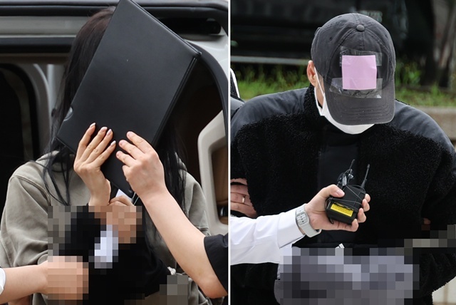 축구 국가대표팀 주장 손흥민의 아이를 임신했다고 주장하며 손씨에게 돈을 뜯어내려 한 20대 여성 양모씨(왼쪽)와 40대 남성 용모씨가 17일 영장실질심사를 받기 위해 서울중앙지법에 들어서고 있다. 2025.5.22. / 연합뉴스