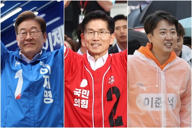 19일 서울 영등포구 타임스퀘어에서 유세하는 이재명 후보(왼쪽부터), 서울역 광장에서 유세하는 김문수 후보, 17일 홍대패션거리에서 유세하는 이준석 후보. 2025.5.22. / 연합뉴스
