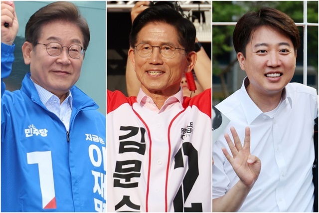 20일 의정부 로데오거리서 유세하는 이재명 후보(왼쪽부터), 하남서 유세하는 김문수 후보, 19일 전남대 유세서 지지자들과 사진 찍는 이준석 후보. 2025.5.24. / 연합뉴스