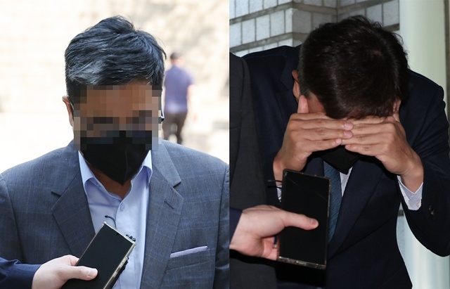 수백억원대 부당대출 의혹을 받고 있는 IBK기업은행 직원 조모씨(왼쪽)와 전직 직원 김모씨가 11일 영장실질심사를 받기 위해 서울 서초동 서울중앙지법에 출석하고 있다. / 연합뉴스
