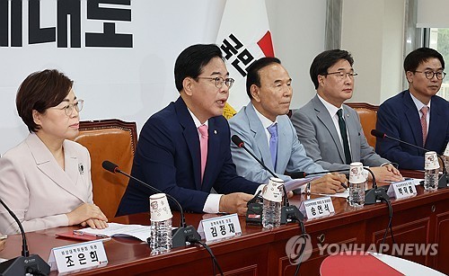 국민의힘 송언석 비상대책위원장 겸 원내대표(왼쪽 두번째)가 14일 국회에서 열린 비상대책위원회의에서 발언하고 있다. / 연합뉴스