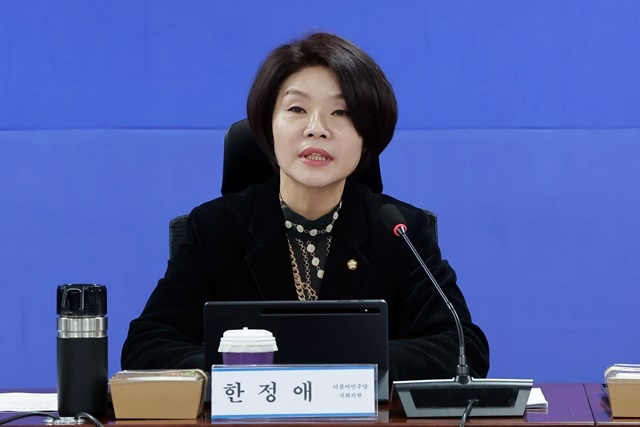 더불어민주당 한정애 정책위의장이 10일 국회의원회관에서 열린 민주당 중동사태 경제 대응 태스크포스(TF) 1차 회의에 참석해 발언하고 있다. / 연합뉴스